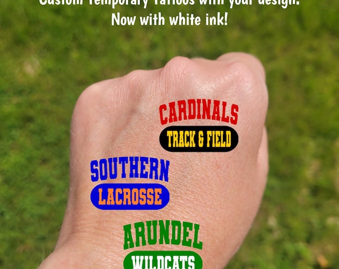 Custom Temporary Tattoos for high school sports - custom text for school, team, mascot, Team Spirit, School colors, track and field, cheer