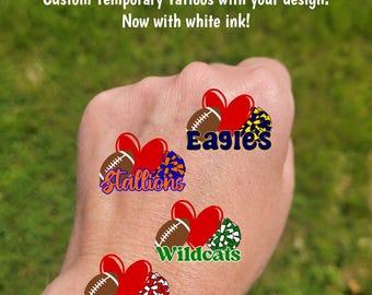 Custom Temporary Tattoos for football games - cheerleader tattoos with pom pom, football with heart, Team Spirit, School colors, High school