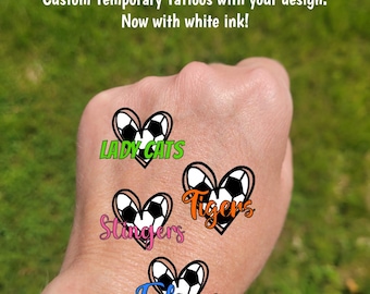 Custom Temporary Tattoos for soccer - heart with soccer ball and custom text, football fan, Team Spirit, School colors, futsal team gift