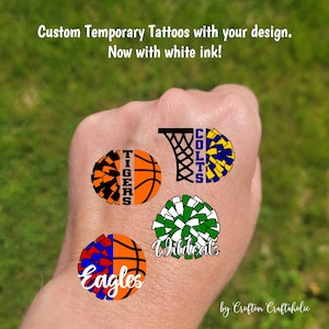 Custom Temporary Tattoos for cheerleaders - tattoos with pom pom and basketball, Team Spirit, School colors, High school basketball games