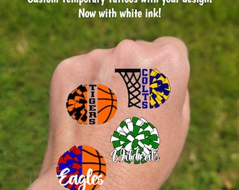 Custom Temporary Tattoos for cheerleaders - tattoos with pom pom and basketball, Team Spirit, School colors, High school basketball games