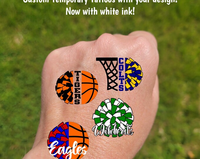Custom Temporary Tattoos for cheerleaders - tattoos with pom pom and basketball, Team Spirit, School colors, High school basketball games