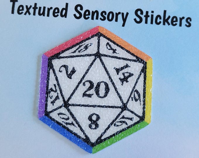 D20 Rainbow Textured Sensory Sticker, tactile fidget for calming, texture strips for neurodiversity, ADHD, autism, dungeons and dragons, D&D