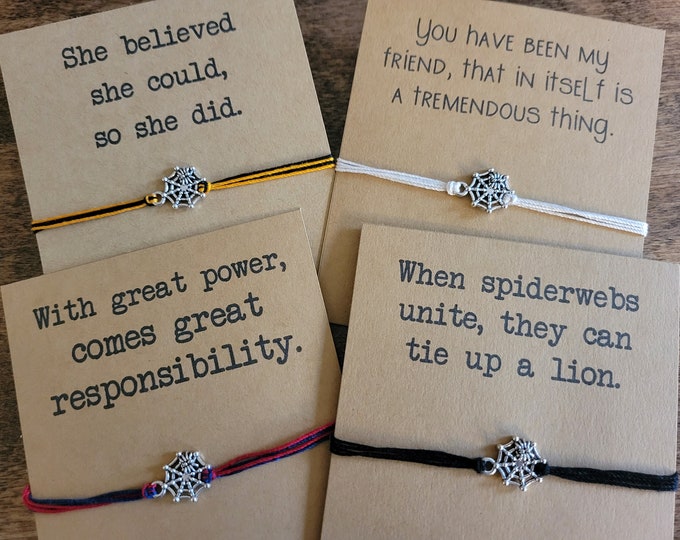 Spider with web charm bracelet and gift card - adjustable bracelet or anklet, friendship gift kids, whimsigoth jewelry, bravery, superhero