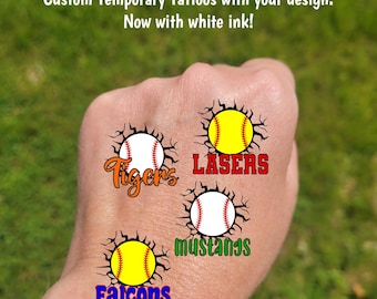 Custom Temporary Tattoos for Softball / Baseball / Tee ball - ball breaking through wall, Team Spirit, School Spirit, travel team tournament
