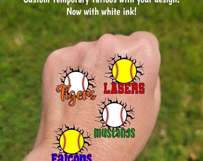 Custom Temporary Tattoos for Softball / Baseball / Tee ball - ball breaking through wall, Team Spirit, School Spirit, travel team tournament