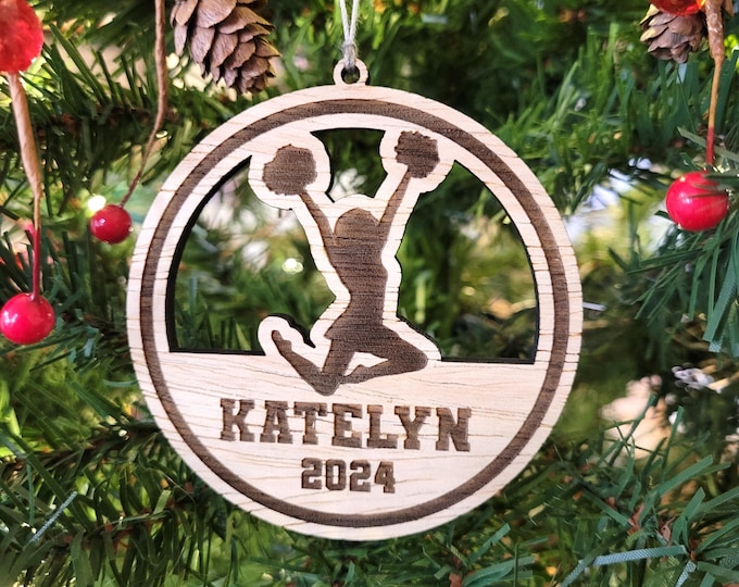 Personalized cheerleader Christmas ornament - custom wood ornament for cheer squad, high school cheerleading coach gift from team, pom poms