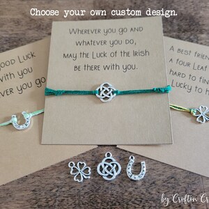 Lucky Charm String bracelet or anklet with 4 leaf clover, horseshoe, or Celtic knot charm & gift card - adjustable, minimalist jewelry