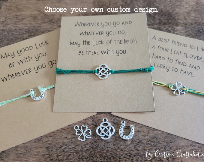 Lucky Charm String bracelet or anklet with 4 leaf clover, horseshoe, or Celtic knot charm & gift card - adjustable, minimalist jewelry