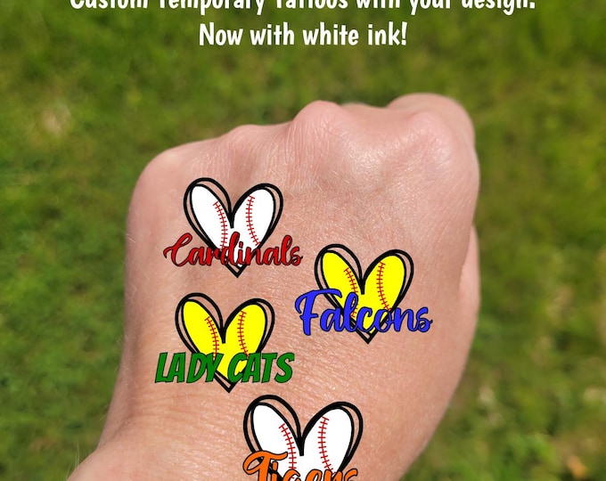 Custom Temporary Tattoos for baseball or softball - heart with softball or baseball and custom text, Team Spirit, School colors, tournament