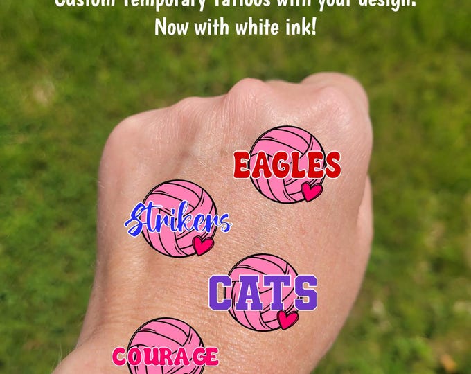 Custom Temporary Tattoos for cancer awareness volleyball games - sketch volleyball with heart and custom text, breast cancer awareness