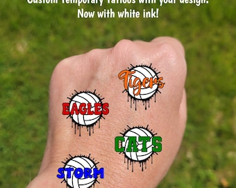 Custom Temporary Tattoos for volleyball games - drip effect volleyball with custom text, Team Spirit, School colors, mascot, tournament gift