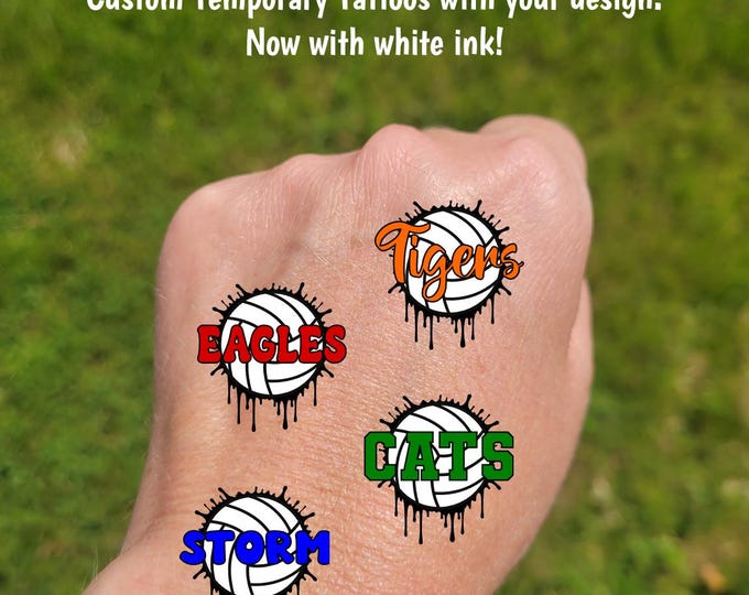 Custom Temporary Tattoos for volleyball games - drip effect volleyball with custom text, Team Spirit, School colors, mascot, tournament gift