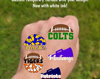 Custom Temporary Tattoos for football games - cheerleader tattoos with pom pom, football, megaphone, Team Spirit, School colors, High school