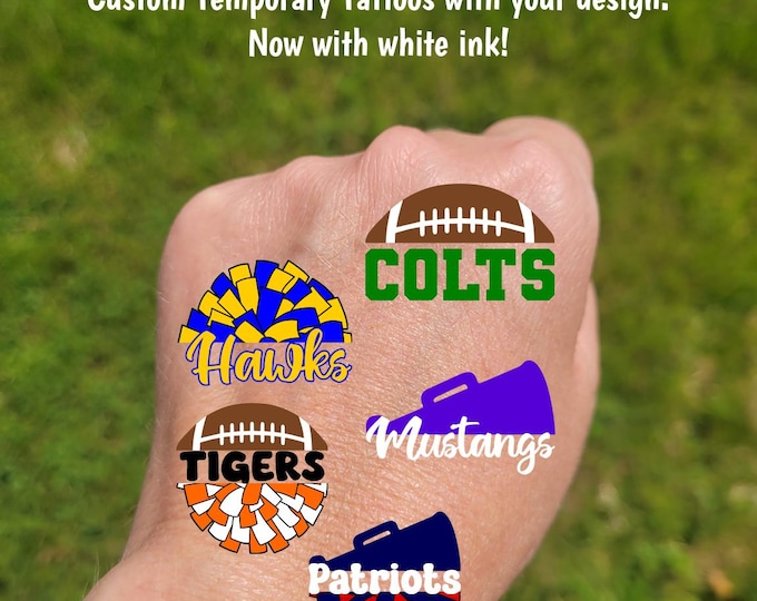 Custom Temporary Tattoos for football games - cheerleader tattoos with pom pom, football, megaphone, Team Spirit, School colors, High school