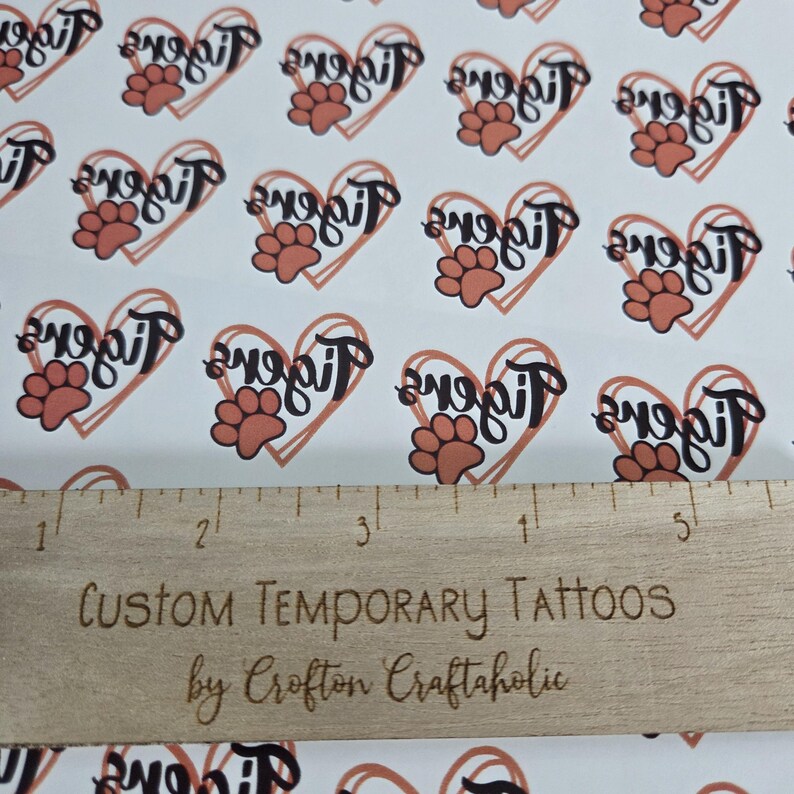 Custom Temporary Tattoos for football games - cheerleader tattoos with pom pom, football with heart, Team Spirit, School colors, High school heart w/ paw print