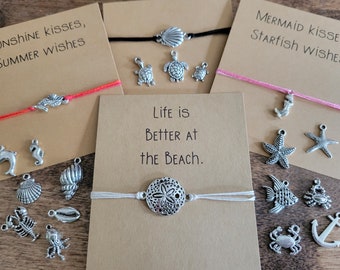Ocean / Beach String bracelet with your choice of a variety of charms and gift card - adjustable bracelet or anklet, birthday gift, summer