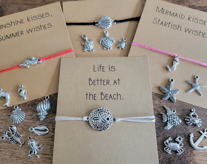 Ocean / Beach String bracelet with your choice of a variety of charms and gift card - adjustable bracelet or anklet, birthday gift, summer