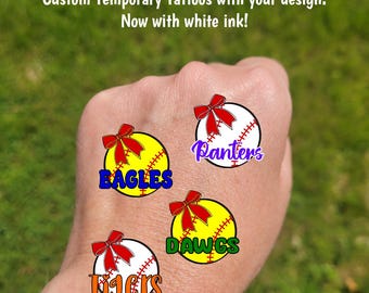 Custom Temporary Tattoos for baseball or softball - softball or baseball with coquette bow and custom text, Team Spirit, tournament swag bag