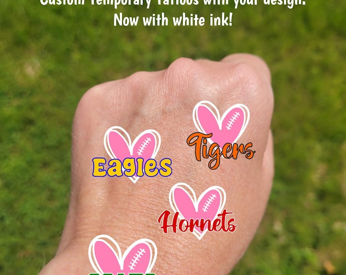 Custom Temporary Tattoos for breast cancer awareness football games - cheerleader tattoos with pink heart football custom text, pink out