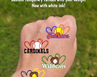 Custom Temporary Tattoos for baseball or softball - baseball softball heart and custom text, Team Spirit, School colors, tournament swag