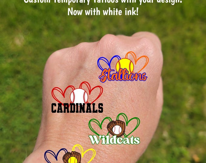Custom Temporary Tattoos for baseball or softball - baseball softball heart and custom text, Team Spirit, School colors, tournament swag