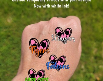 Custom Breast Cancer Awareness Temporary Tattoos for soccer - heart with soccer ball and custom text, football, Team Spirit, School colors