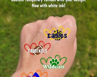 Custom Temporary Tattoos for football games - cheerleader tattoos with pom pom, football with heart, Team Spirit, School colors, High school