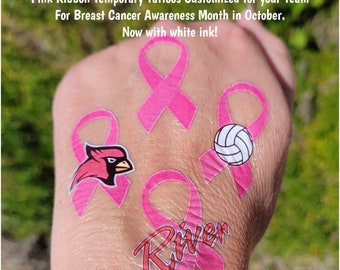Custom Temporary Tattoos for Breast Cancer Awareness - Pink Ribbon tattoos, in October we wear pink, temporary tattoos high school sports