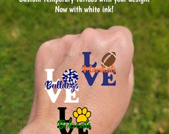 Custom Temporary Tattoos for football games - LOVE Team, cheerleader tattoos with pom pom football, Team Spirit, School colors, High school