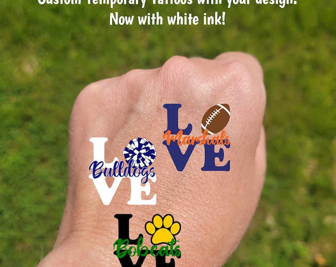 Custom Temporary Tattoos for football games - LOVE Team, cheerleader tattoos with pom pom football, Team Spirit, School colors, High school