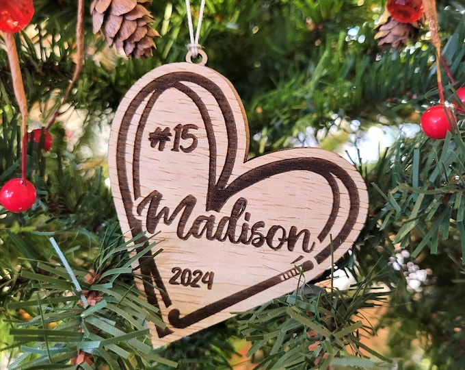 Personalized Field Hockey Christmas ornament - custom ornament for field hockey player, club field hockey coach team gift, heart with stick