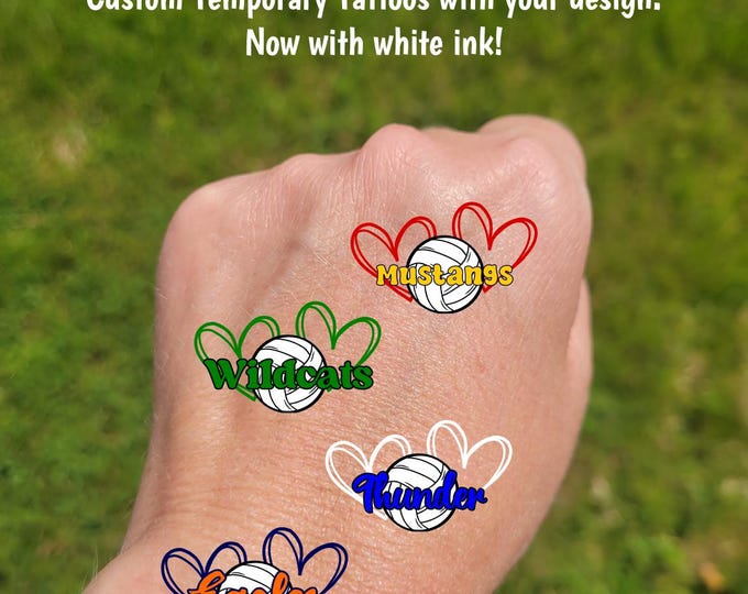 Custom Temporary Tattoos for volleyball games - sketch volleyball with hearts and custom text, Team Spirit, School colors, mascot, team gift