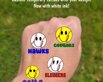 Custom Temporary Tattoos for baseball or softball - softball or baseball with smile and custom text, Team Spirit, star, lightning, tee ball