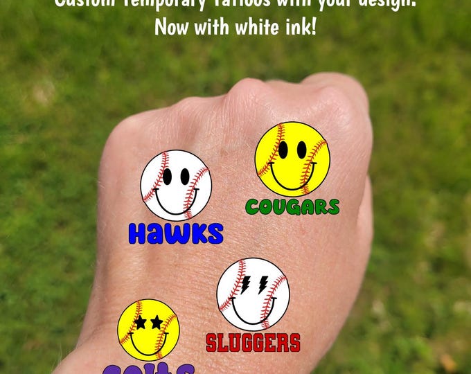 Custom Temporary Tattoos for baseball or softball - softball or baseball with smile and custom text, Team Spirit, star, lightning, tee ball