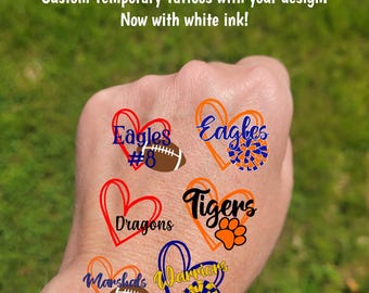 Custom Temporary Tattoos for football games - cheerleader tattoos with pom pom, football with heart, Team Spirit, School colors, High school