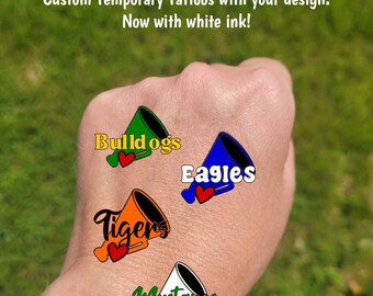 Custom Temporary Tattoos for football games - sketch megaphone with heart and custom text, Team Spirit, School colors, mascot, team gift