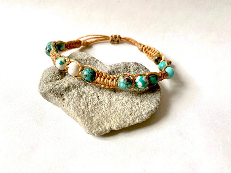 Beige cord macrame adjustable bracelet with natural turquoise gems stones