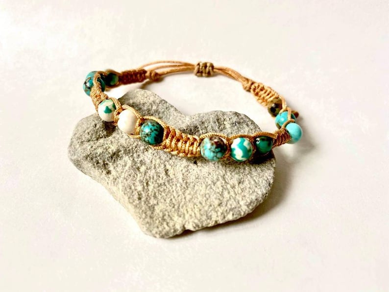 Beige cord macrame adjustable bracelet with natural turquoise gems stones