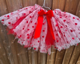 Flocked hearts tutu / Christmas skirt for girls / White and red skirt