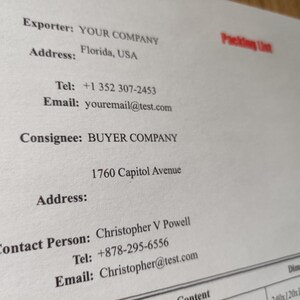Packing list for export
