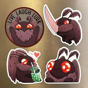 May include: Four colorful magnets featuring cartoon moths with different expressions and activities. The magnets have the text "Live Laugh Lurk" on one of them.
