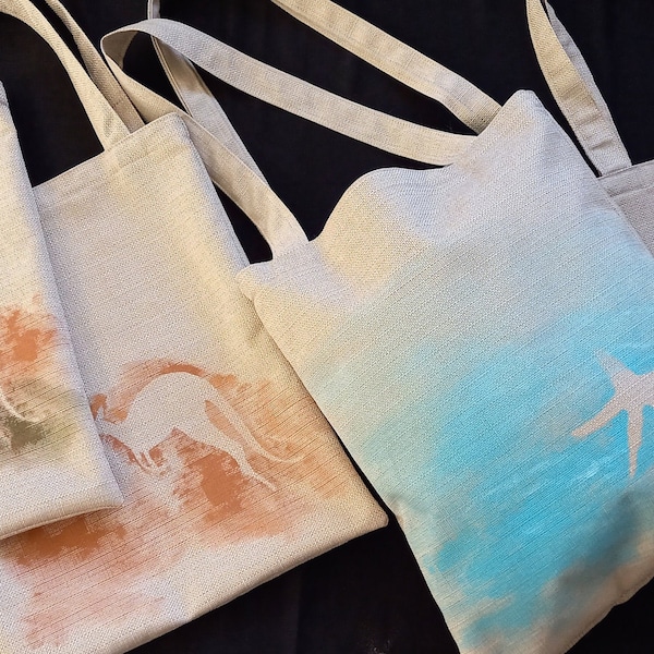 Tote bags/water-resistant/Handbags/linen(coated inside)natural sand coloured quality fabric/all hand-made/Ocean/Outback/kangaroo/dolphin