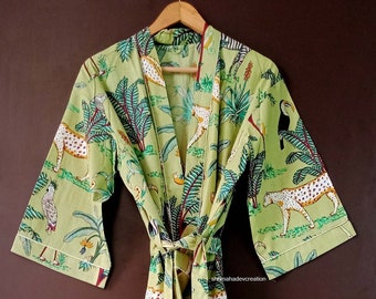 GREEN Safari Print Cotton kimono Robe, Bath robes, House Coat Robe, Beach Cover Up, Lounge Wear, Casual wear