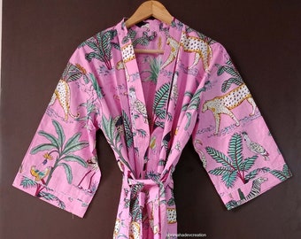 PINK Safari Print Cotton kimono Robe, Bath robes, House Coat Robe, Beach Cover Up, Lounge Wear, Casual wear