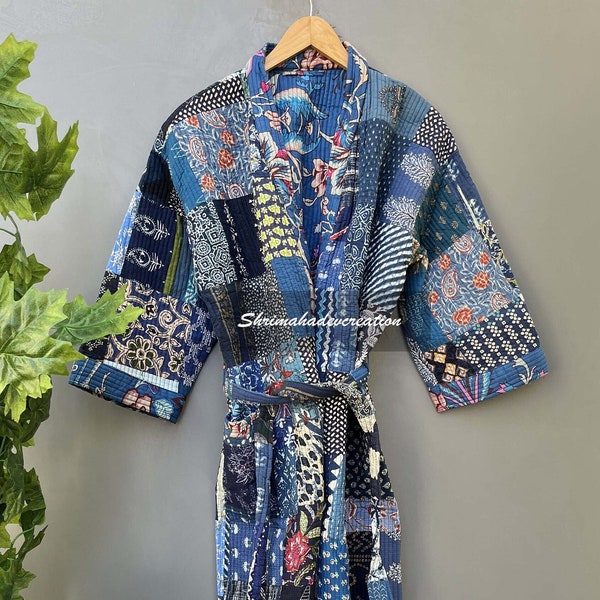 Silk Patchwork Robe, Quilted Jacket, Winter Jacket, Patchwork Robe, Reversible Patchwork Kantha Jacket, Dressing Gown, Kantha Robe