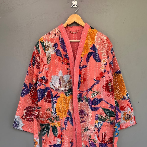 Kimono matelassé en coton indien, peignoir en kantha, robe de demoiselle d'honneur, kimono de style vintage, peignoir de nuit