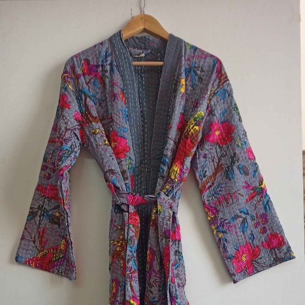 Indian Hand Block Floral Print Cotton Kantha Jacket, Japanese kimono style Beach wear, bohemian kantha robe, winter jacket Dress