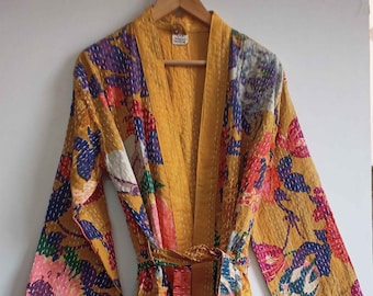 CONSEGNA ESPRESSA Giacca kimono Kantha da donna con stampa floreale in cotone, vestaglia da donna da spiaggia invernale