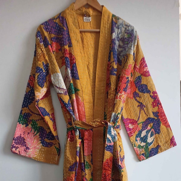 LIVRAISON EXPRESS Les femmes en coton à imprimé floral portent une robe de chambre de nuit, une veste kimono en Kantha, une robe d'hiver pour femmes